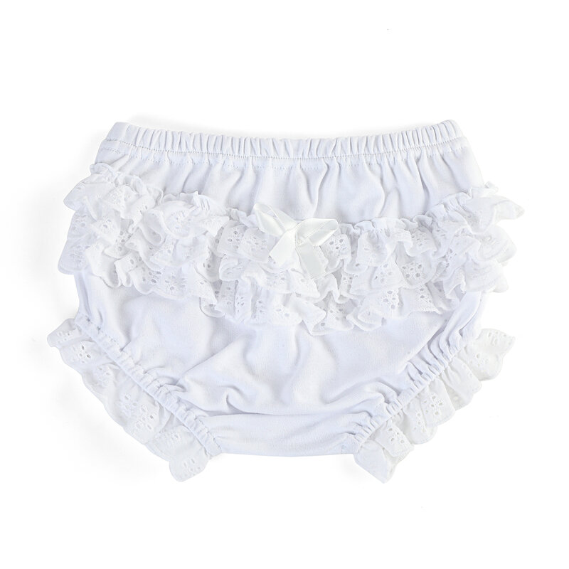 Lace macio Ruffle recém-nascido fralda capas, bloomers brancos, 100% algodão Bloomers, roupas de criança, Bloomers Shorts