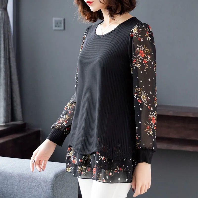 Fashion Printed Ruffles Fake Two Pieces Blouses Women's Clothing 2024 Spring Summer New Loose All-match Tops Puff Sleeve Shirts