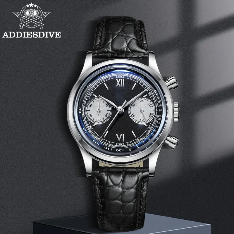 ADDIESDIVE-Reloj de pulsera Retro para hombre, cronógrafo de cuarzo de 38mm, 60min, de negocios, 100m, de cuero, para buceo