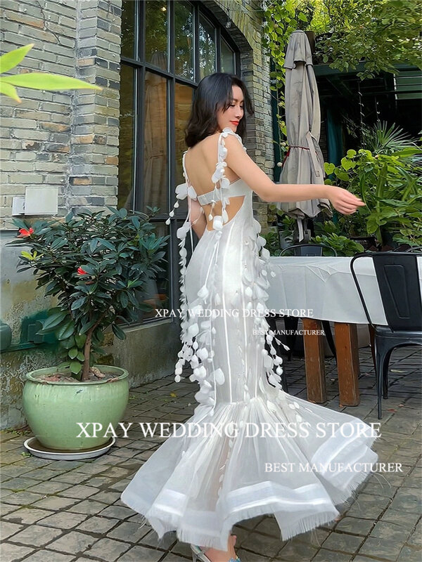 XPAY Sweetheart Korea Mermaid Wedding Dresses Spaghetti Straps 3D Lace Tassel Bridal Gown Photos Shoot Corset Ruched Bride Dress