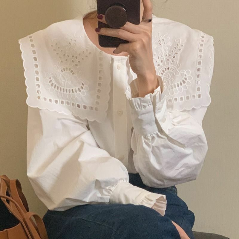 Женская Асимметричная рубашка в Корейском стиле, элегантная однотонная ажурная блузка в стиле ретро с пуговицами, круглым вырезом и длинным рукавом, Y2K, лето