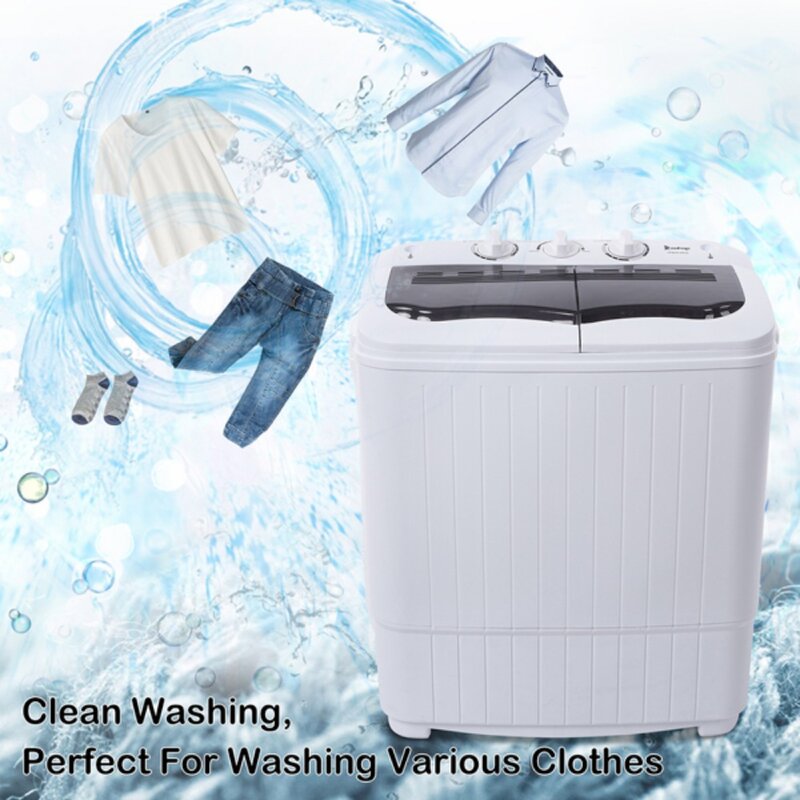 Washing Machine, Compact Twin Tub with Built-in Drain Pump 14.3(7.7 6.6)lbs Semi-automatic Gray Cover, Washing Machine