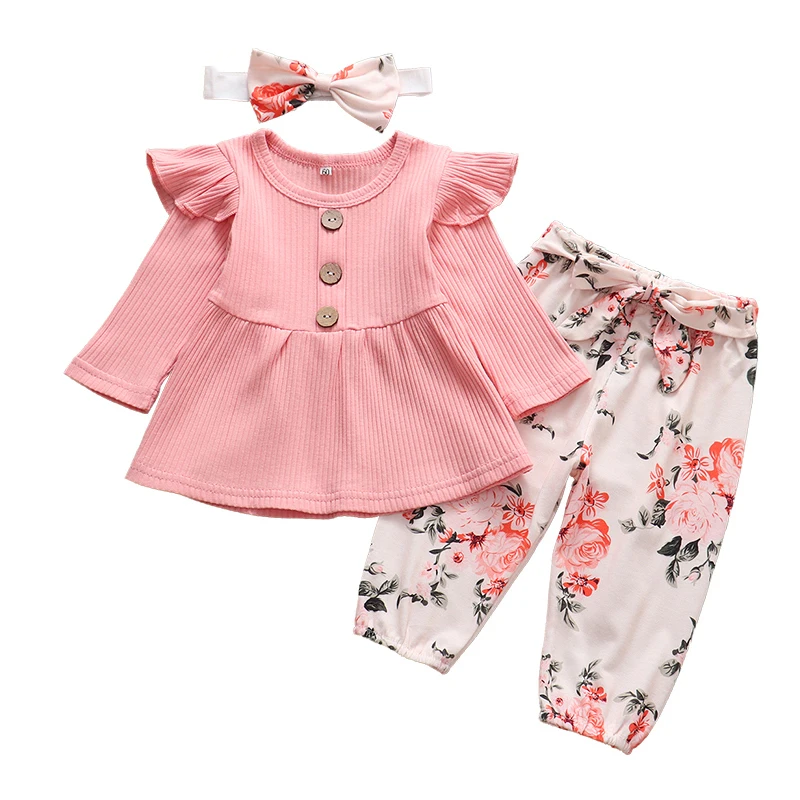 Setelan pakaian bayi perempuan, ikat kepala atasan lengan panjang warna merah muda lucu 0-24M 3 potong