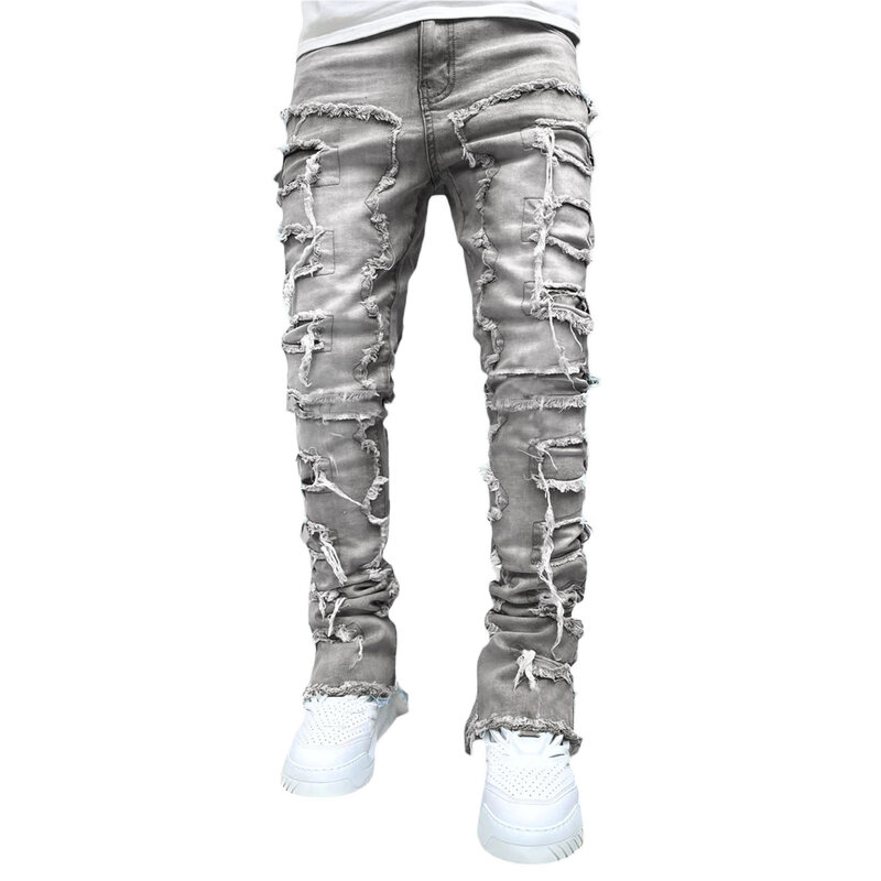 Jeans Streetwise com patch elástico masculino, calças largas, cintura média, patchwork, calças masculinas compridas, roupa sólida, moda verão, nova
