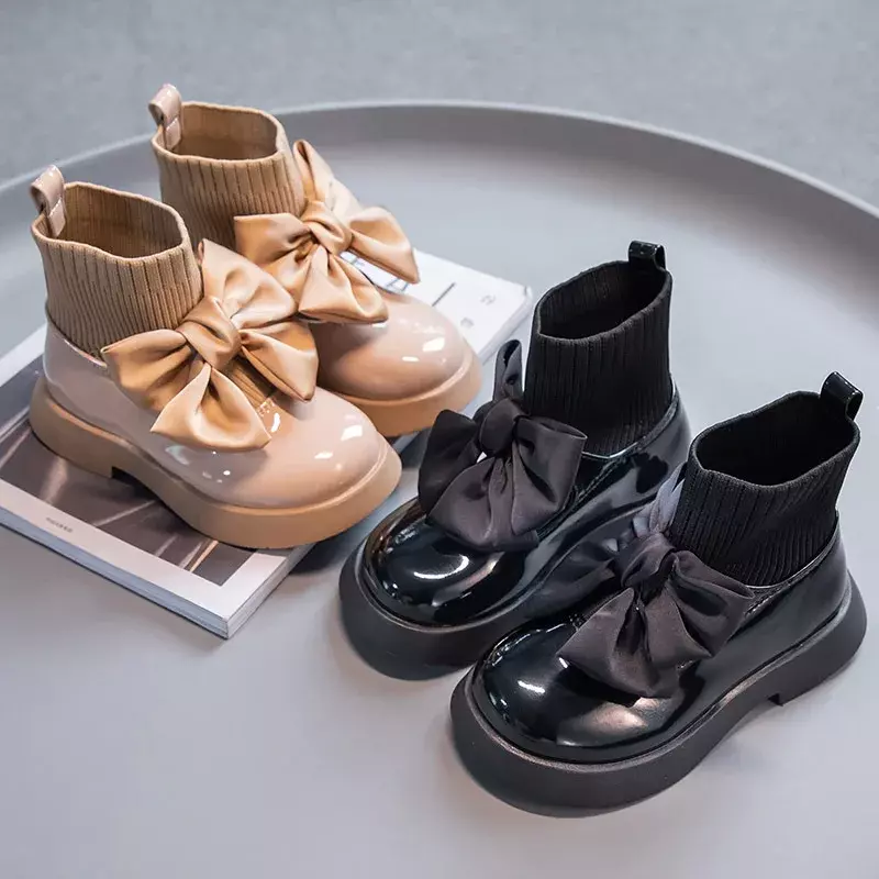 حذاء جوارب بو أسود للأطفال ، أحذية مدرسية للبنات ، خريف ، شتاء ، فردي ، أميرة ، أطفال ، موضة ، J34
