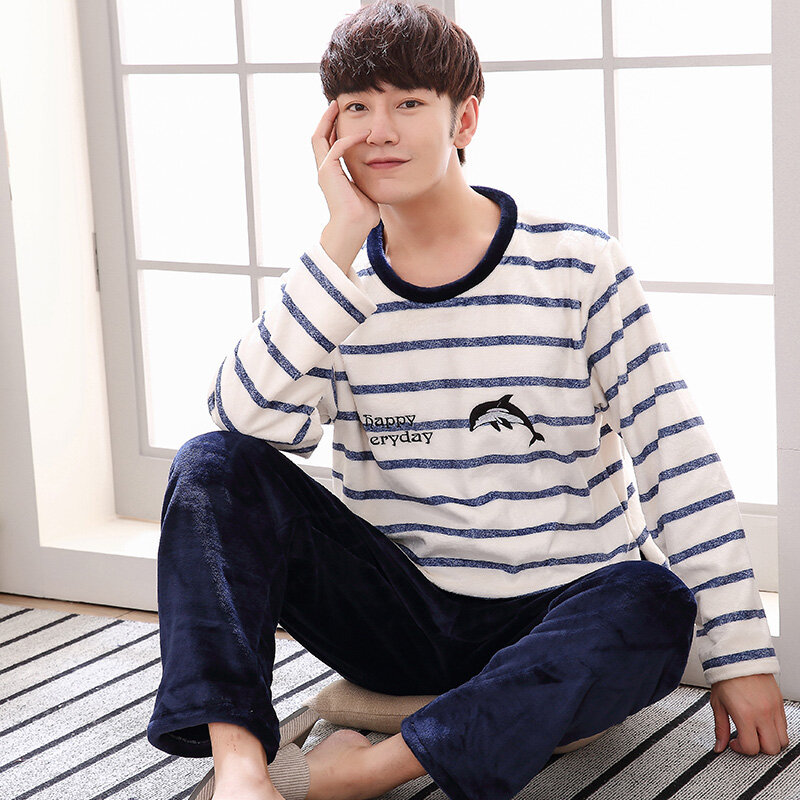 Pajama Set Men O-neck Long Sleeve Striped Comfortable Warm Flannel Mens Pajamas Big Yards XXXL Korean Style Home Clothing Casual
