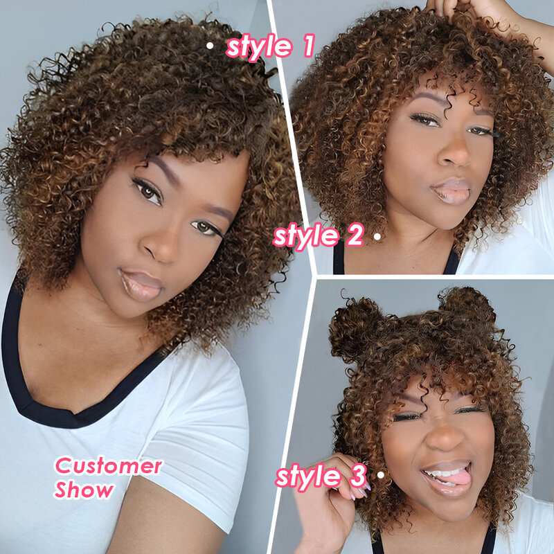 Short Curly Wig With Bangs Ready to Go Human Hair Afro Kinky Curly Wig Highlight Glueless Full Machine Made Wig 250 Density Remy