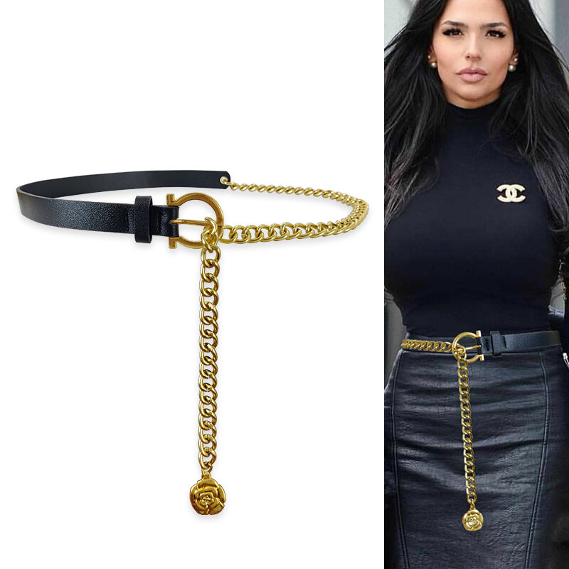 Gold Chain Belt Female Waist Punk Metal Waistband Long Designer Belts For Women High Quality Coat Dress Corset Flower Coin
