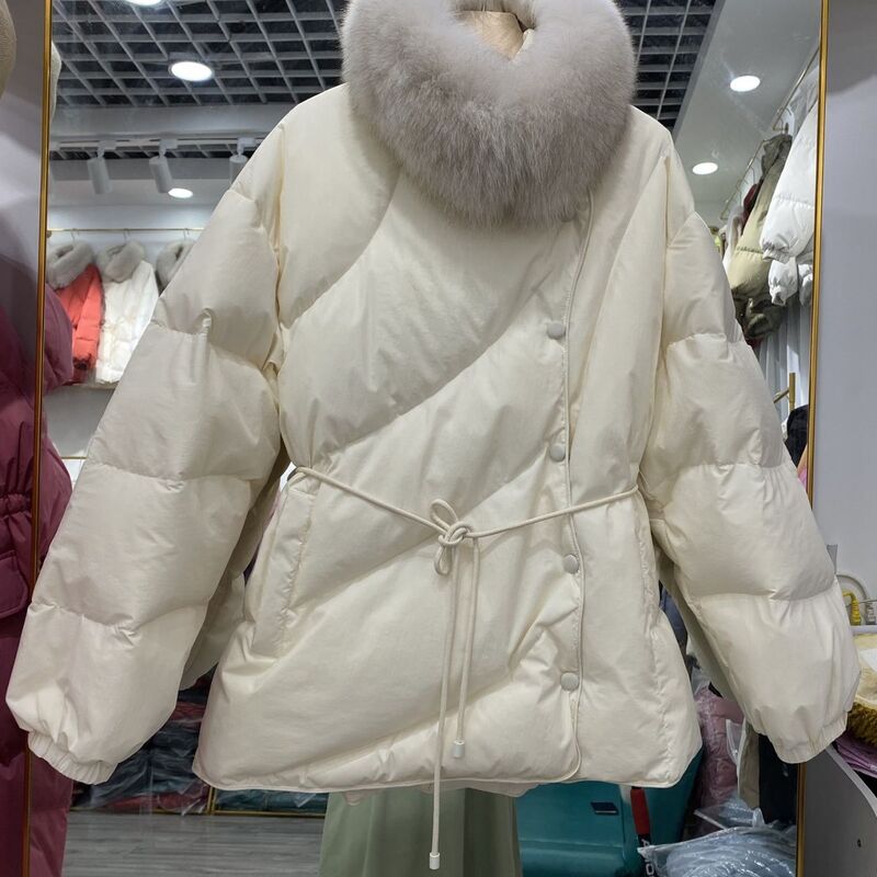 Abrigo largo medio con cuello de piel de zorro para mujer, abrigo con lazo en la cintura, diseño a la moda, invierno, 2023
