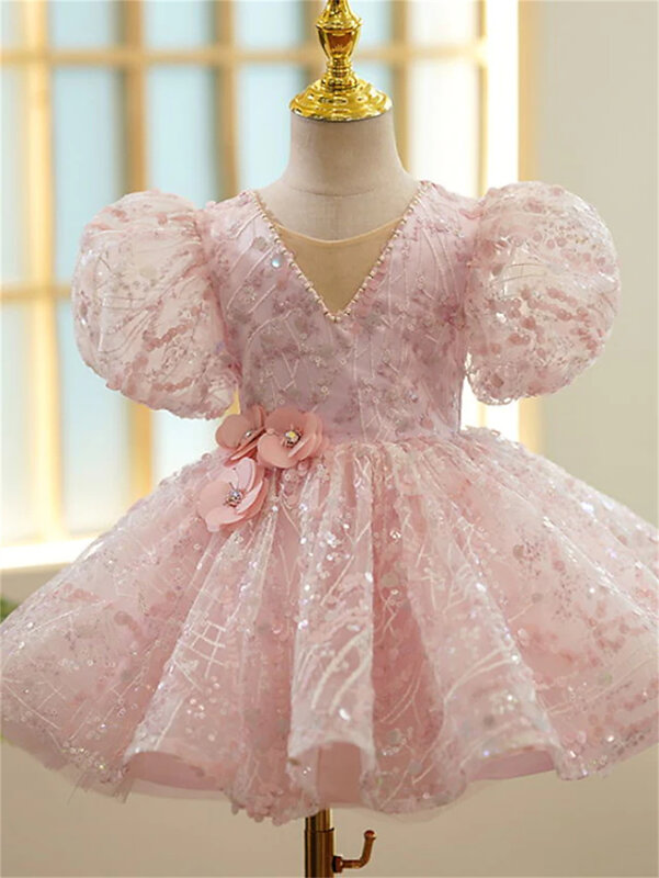 Robes à paillettes florales pour petite fille, tenue princesse à manches courtes asymétriques, rose scintillant, coupe douce, 3-10 ans