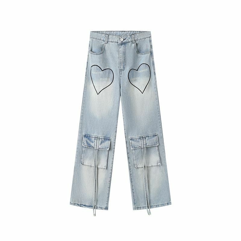Spodnie z wieloma kieszeniami miłosne sznurówki z wysokim stanem 2024 niebieskie damskie modne Harajuku dżinsy z prostymi nogawkami luźne duże denimowe fartuchy