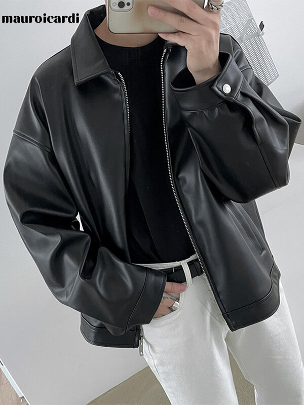 Mauroicardi-Jaqueta masculina leve de couro com zíper, casacos casuais, curtos, pretos, macios, legais, luxo, moda, primavera, outono