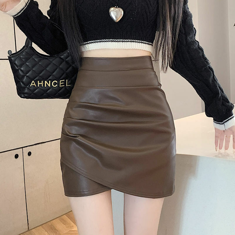 Office Lady Casual Women Autumn Winter Pu Leather Skirt Korean New Fashion Solid Coffee Irregular High Waist Slim Skirts 2024