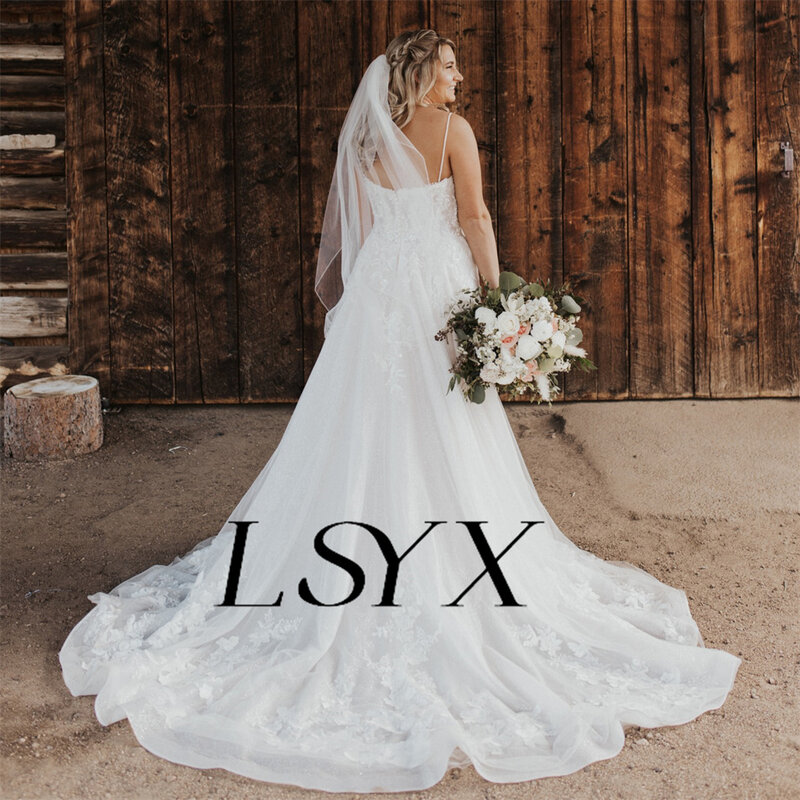 Lsyx-Vネックのノースリーブチュールのウェディングドレス,白いブライダルガウン,ノースリーブ,バック,ジッパー,コート,カスタムメイド