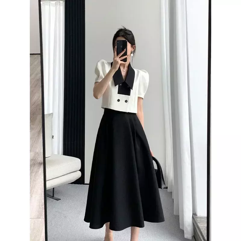 French Elegant Two Piece Sets Women New Summer Office Lady Puff Sleeve White Crop Top Female Clothes Black Midi Skirts Suit E36