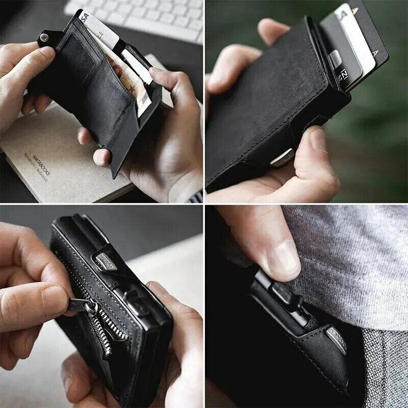 男性用ポケットメタルレザー自動ポップアップボックス財布マルチカード位置大容量カードクリップポータブルマネークリップ