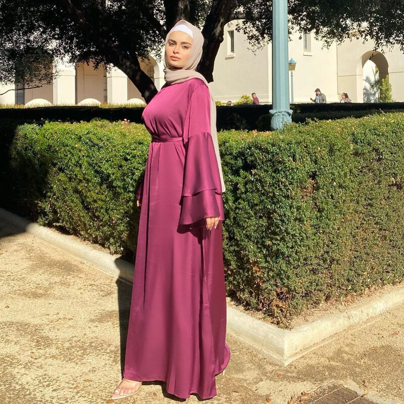 Sukienki damskie-Vestidos musulmanes de satén de manga larga para mujer, ropa de cintura suave, vestido de verano sexy