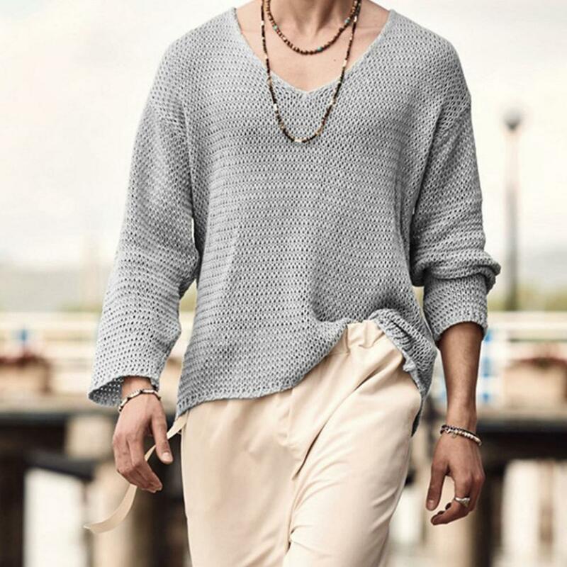 Maglione da uomo leggero maglione Pullover con scollo a v da uomo con Design scavato maglieria tinta unita per la primavera per Streetwear