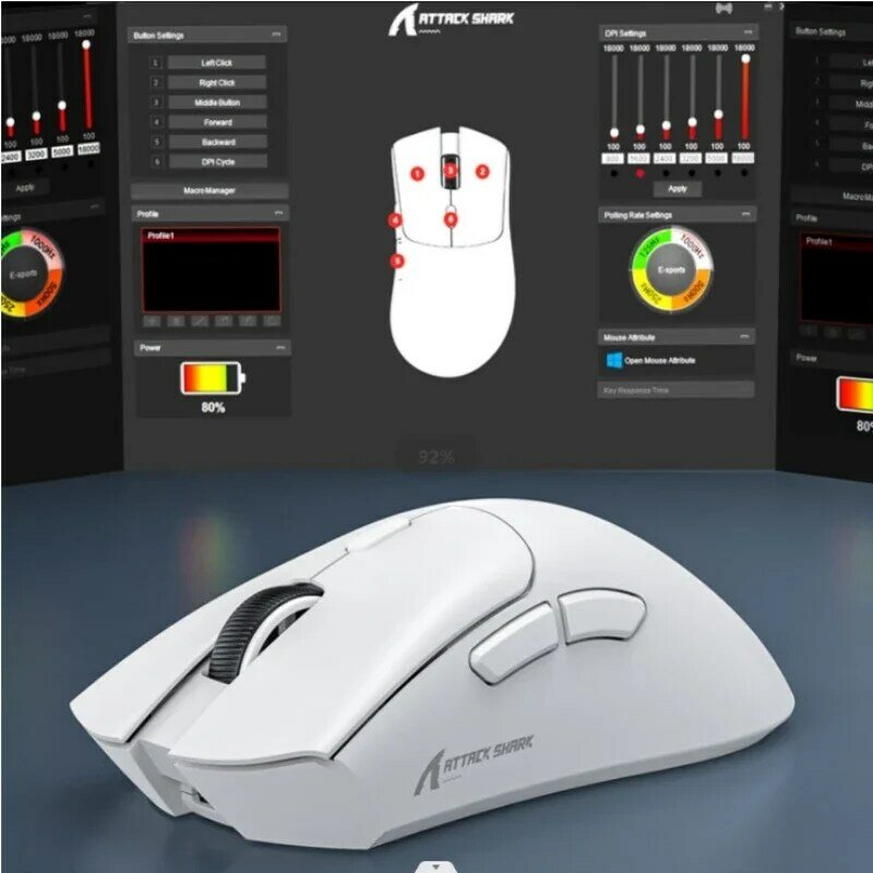 Attacco Shark R1 18000dpi Mouse Wireless, 1000Hz, connessione Tri-mode, PAW3311, Mouse da gioco Macro