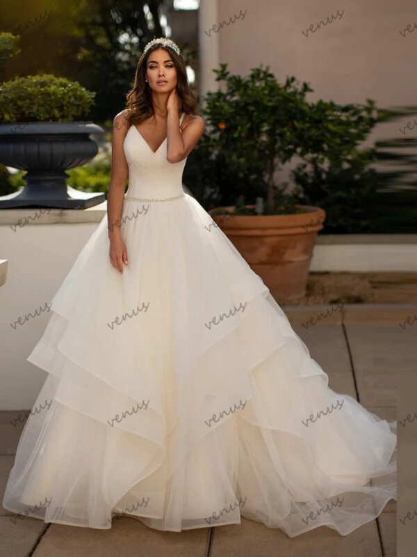 Gaun pernikahan putri gaun pengantin berjenjang Tulle A-Line jubah punggung terbuka manis untuk pesta Formal anggun Vestidos De Novia