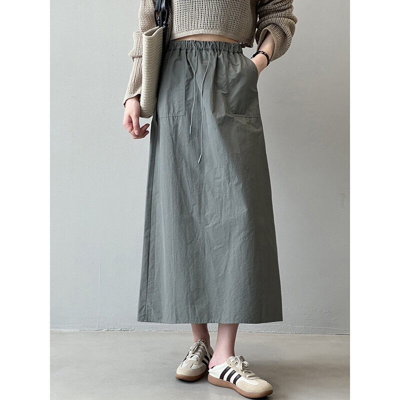 Falda larga Y2k de cintura alta para mujer, ropa de calle de tendencia, Retro, Safari, cintura elástica, cordón, bolsillos dobles, Verano