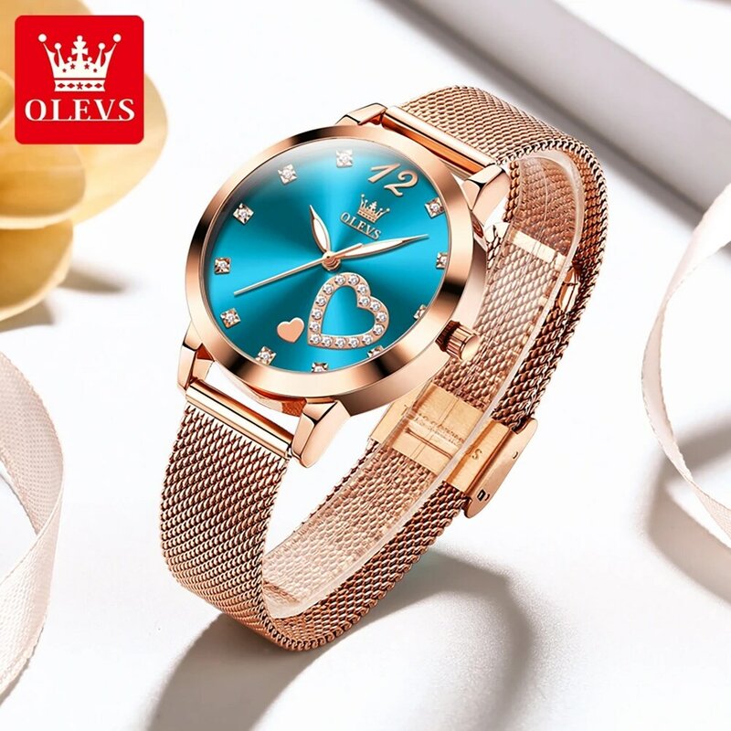 Olevs-女性用クォーツ時計,ステンレススチール,耐水性,ブルー,フェミニン