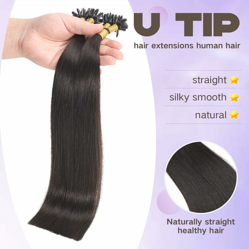 Ekstensi rambut ujung U lurus rambut manusia # 1B rambut manusia hitam alami Remy U Tip ekstensi rambut manusia 100 helai/pak