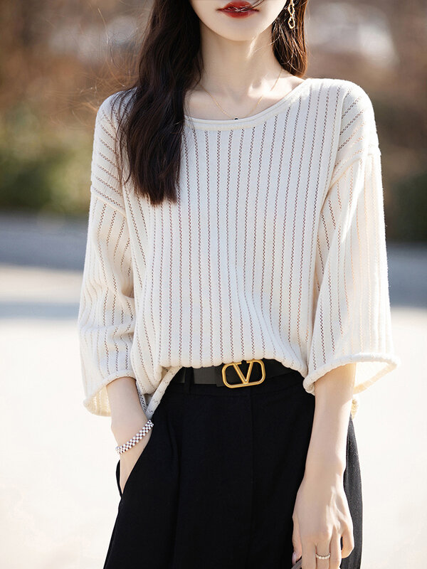 Jersey de algodón de media manga para mujer, Camiseta de punto hueca, suéter fresco, versión suelta, talla grande, Verano