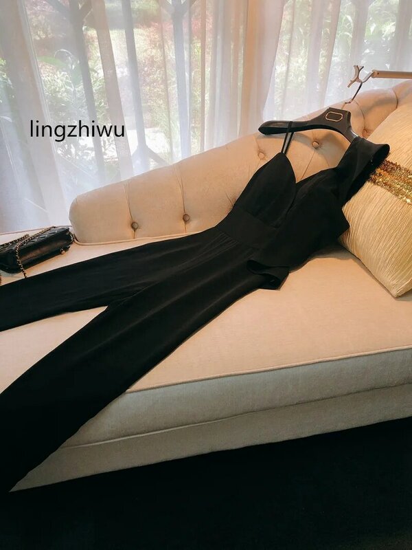 Lingzhiwu-フリル付きの黒のジャンプスーツ,ノースリーブ,スパゲッティストラップ,エレガント,フランスのデザイン,新しいコレクション