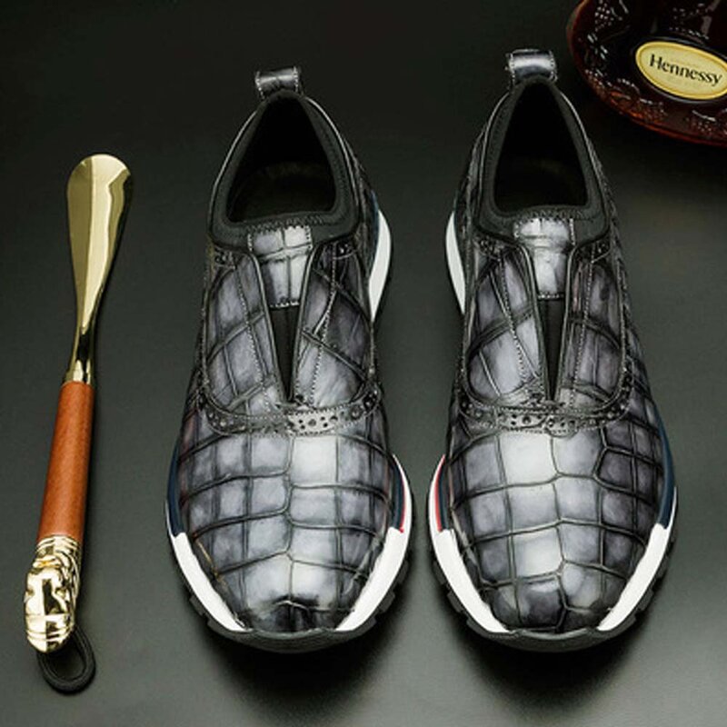 Kexima eyugaoduanxie crocodilo sapatos masculinos escova manual cor esportes lazer couro de crocodilo sapatos masculinos casuais