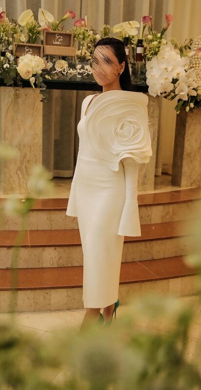 Oisslec Prom Dresses Slit Fashion Square Sheath Party Dress Tea Length Long Sleeve Flower Satin Formal Evening Gowns イブニングドレス