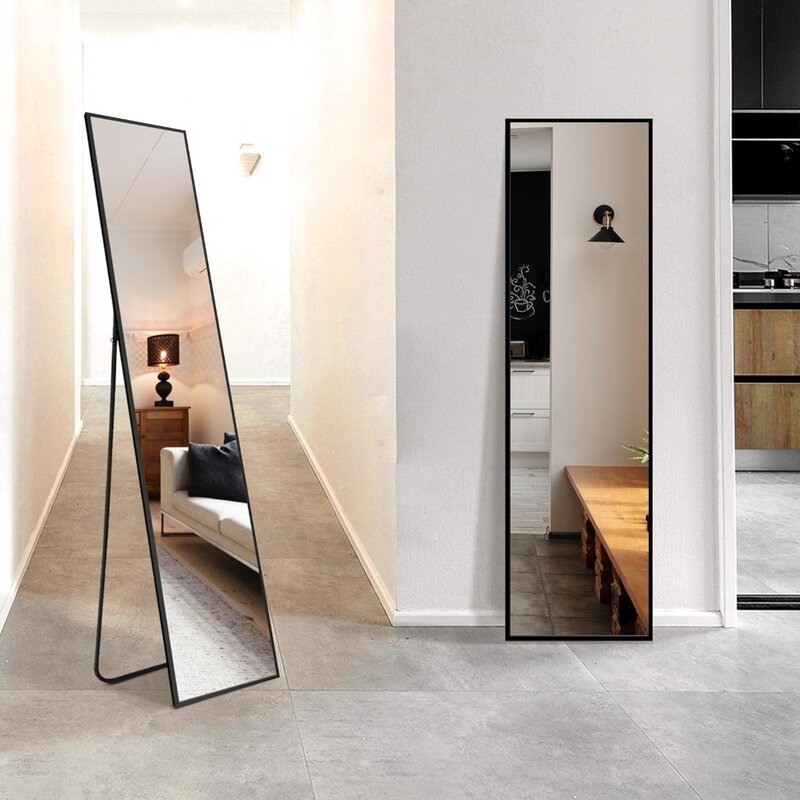 Comprimento total Standing Espelho com moldura de alumínio, grande espelho piso para porta, quarto, banheiro, sala de estar, 56x15-Black