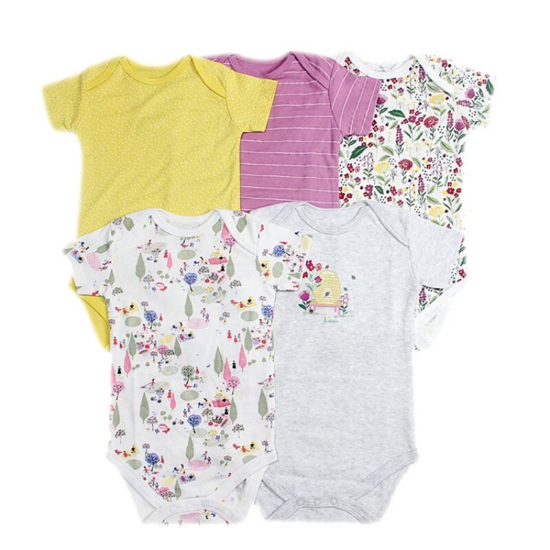 Baju monyet anak laki-laki baru lahir, pakaian Bodysuit anak perempuan musim panas lembut baju bayi jumpsuit katun Set gambar kartun warna Solid Bebe 5 potong