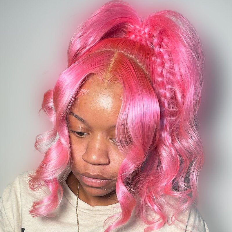 Bright Pink Human Hair 13X6 Lace Front Pre-Stretched Wig Transparent Lace Front Wig 13x4 High Gloss Body Wave Wig 250 Density
