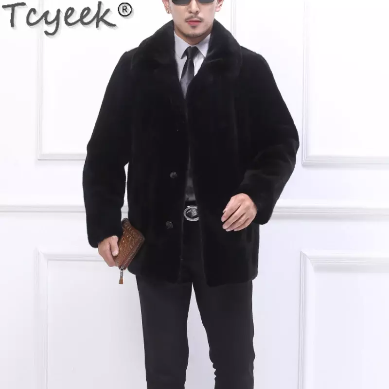 Модные мужские меховые пальто Tcyeek, натуральная норковая шуба, Мужская зимняя теплая черная шуба из цельного меха норки 9xl