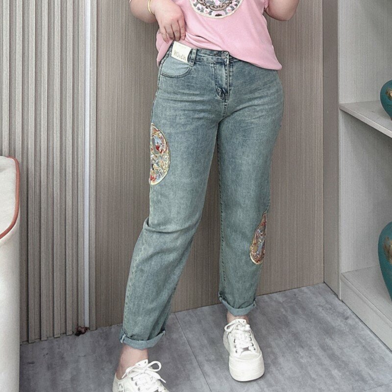 Calça de harém bordada vintage feminina no comprimento do tornozelo, jeans estilo chinês, jeans soltos, plus size, primavera, novo, 2024