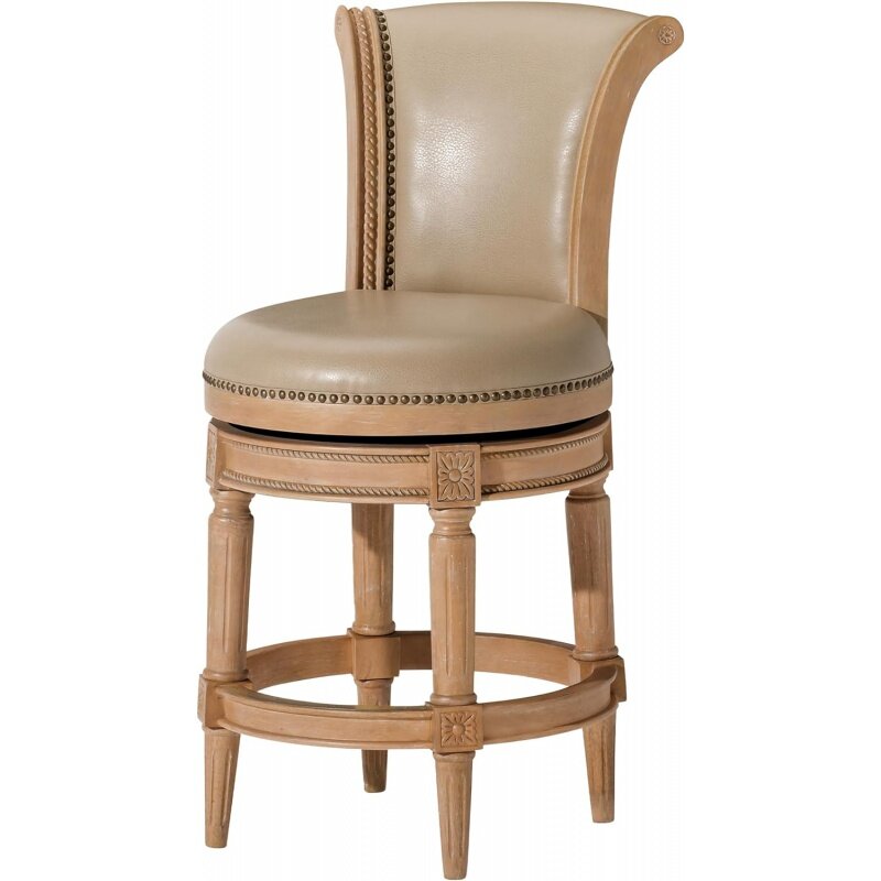 Maven Lane Pullman 26 Inch Tall Counter Height Upholstered Barstool with Back in Weathered Oak Finish with Avanti Bone Vegan Lea