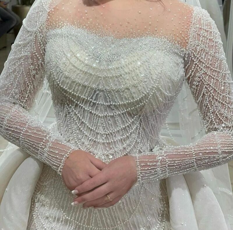 Exquisite Wedding Dress Long Sleeves Bateau Shiny Sequins Pearls Beaded 3D Lace Detachable Train Bridal Gowns Vestido De Novia