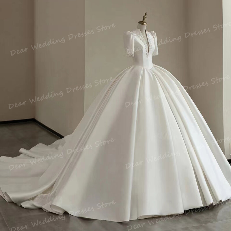 Vestido feminino com decote V plissado cetim, sexy, vestido de noiva, vestido de baile, vintage, Sweep Train, formal, 2022