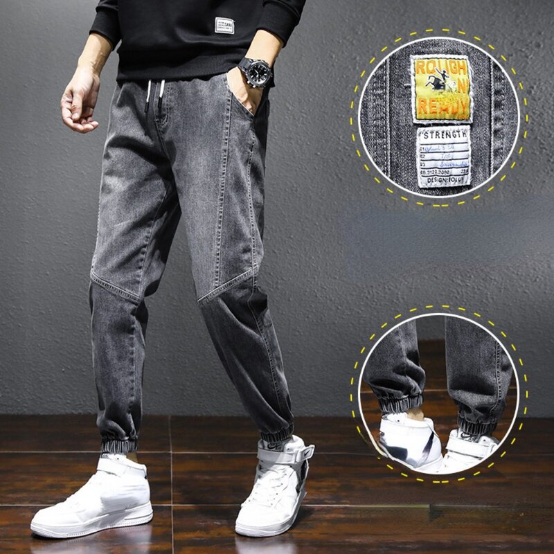 Men's Slim Fitting Small Foot Tie Up Jeans Fashion Brand Streetwear Baggy Jeans Men Korean Fashion Loose Straight Denim Pants