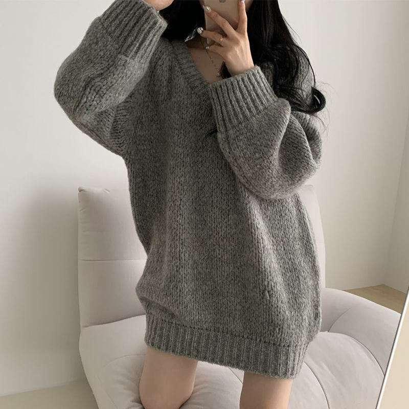 Lazy style V-neck sweater female Y2K student Korean version was thin and versatile mid-length knit sweater top 2023