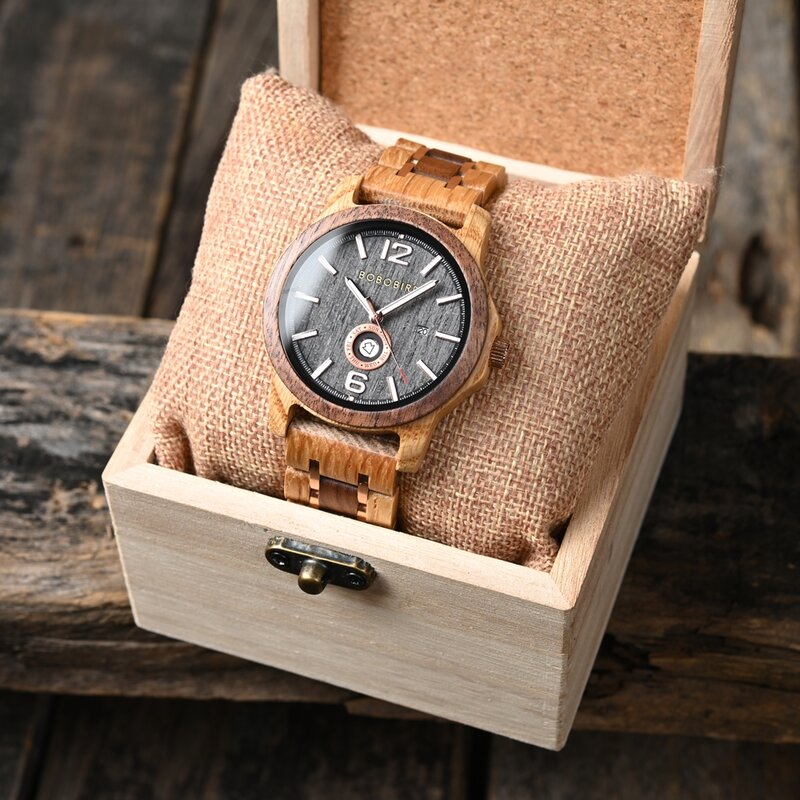 Holzuhr japanisches Uhrwerk Herren Quarz Armbanduhr Bobobird Top neues Design Woche Datum Anzeige benutzer definierte Uhren große Geschenk box