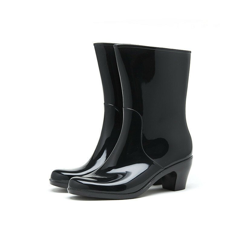 Sepatu bot hujan PVC hak tinggi wanita, sepatu bot air ujung lancip tahan air untuk wanita