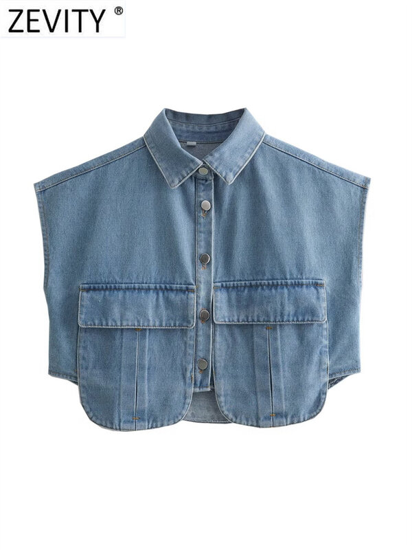 Zevity-Blusa vaquera corta con doble bolsillo para mujer, camisa elegante con botones, Color sólido, LS5015
