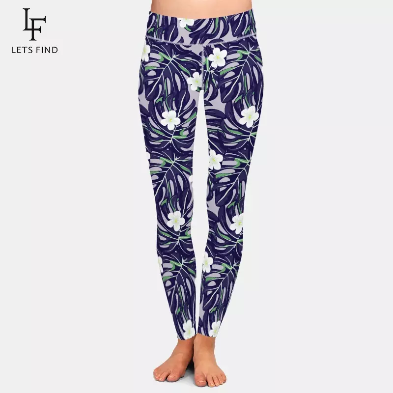 LETSFIND ผู้หญิงกางเกงขายาวเอวสูงเอว Leggings ฟิตเนส Tropical Leaves การพิมพ์ผู้หญิงสบายๆกางเกง