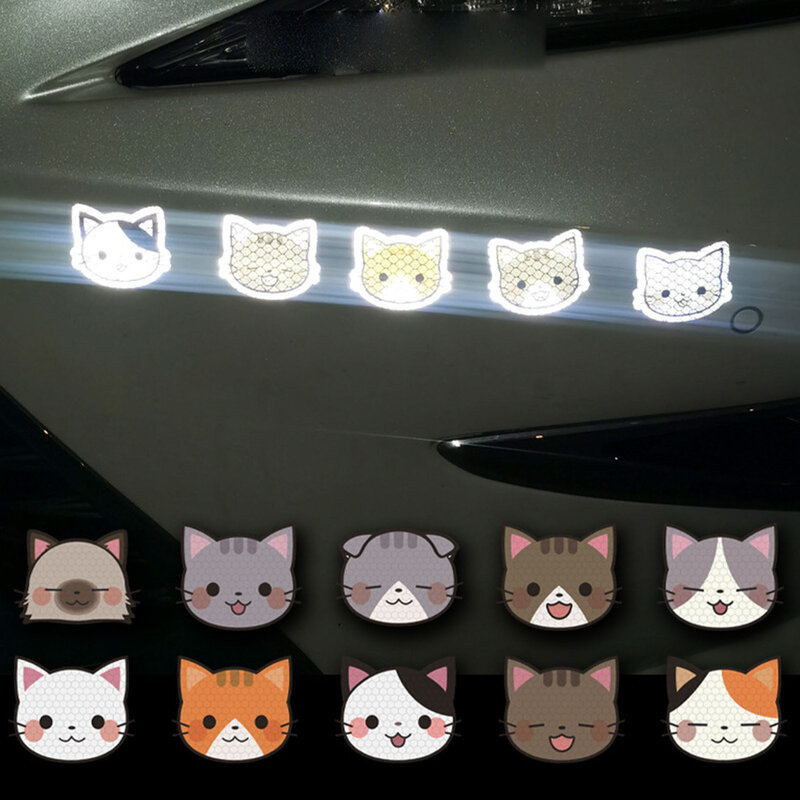 Cute Cat Car Warning Reflective Stickers Easy to Tear Off Reflector Stickers for Night Driving Security Car Decorations 10Pcs