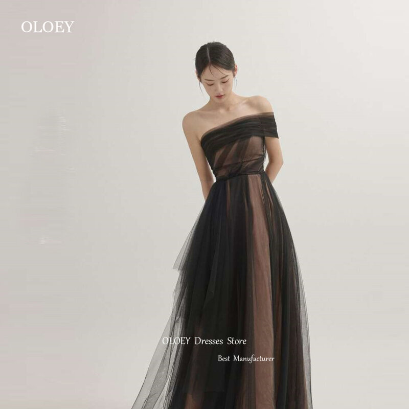 OLOEY One Shoulder Fairy Black Evening Dresses Wedding Photo shoot Tulle Korea Party Formal Prom Gowns Corset Back Floor Length