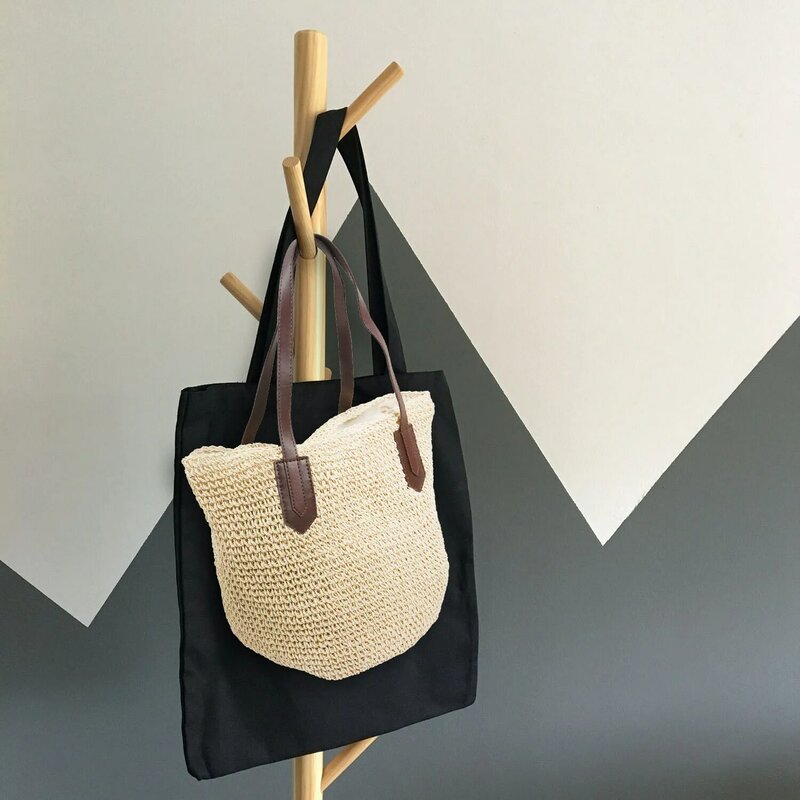กระเป๋าถือสตรีทำจากฟางทำด้วยมือกระเป๋าทอถุงถักธรรมชาติกระเป๋าถือกลางแจ้งชายหาด