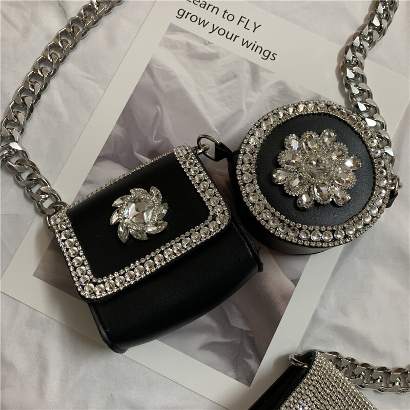 Tas selempang Mini dekorasi kemasan wanita kancing berlian 2 tas bahu rantai dompet wanita mewah desainer