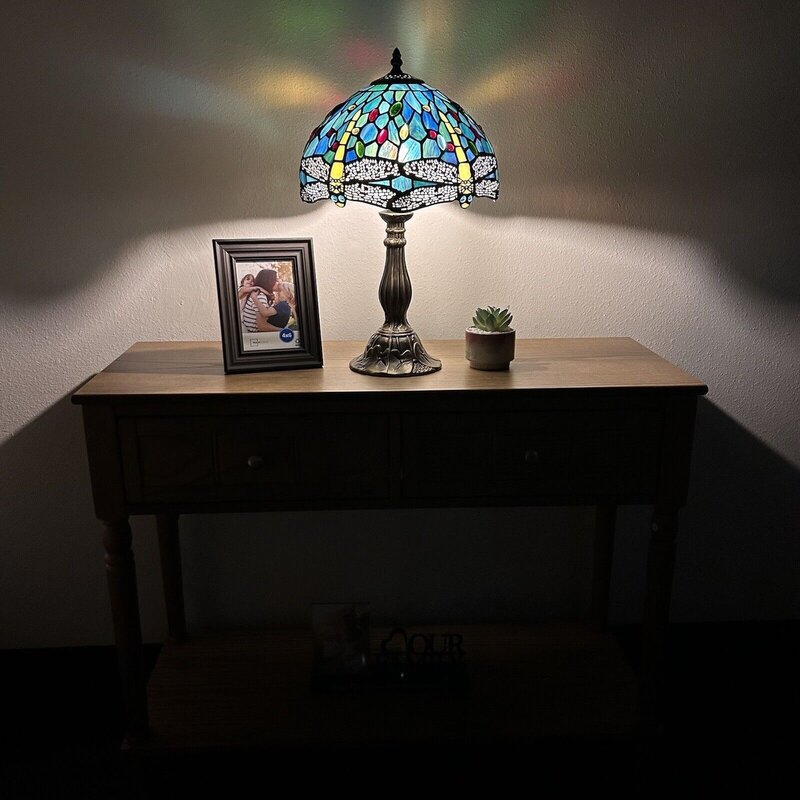 مصباح مكتبي على طراز تيفاني ، يعسوب أخضر أزرق ، زجاج ملون ، ريترو ، 18 بوصة H x 12 بوصة W ، W